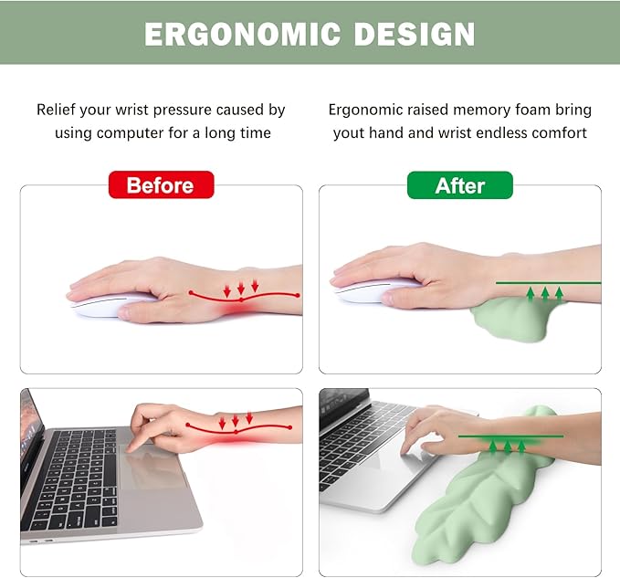 Keyboard Wrist Rest Pad Set, Leaf Shape PU Leather Memory Foam Wrist Cushion Support,Mouse Wrist Rest Pad,Non-Slip Wrist Support for Easy Typing, Green Leaf
