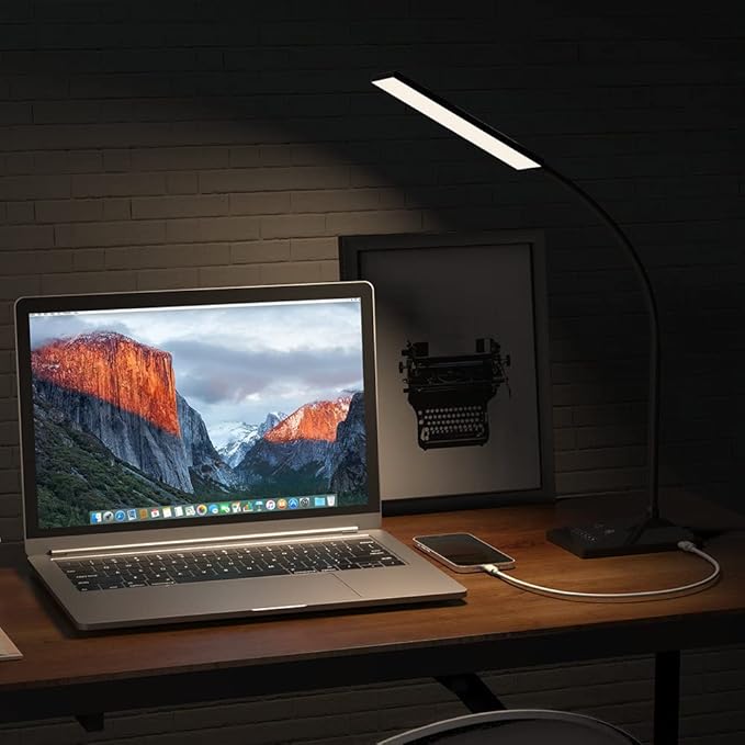 Vansuny LED Desk Lamp with USB Charging Port, Eye-Caring, 5 Color Modes,6 Brightness Levels, Touch Control, Adjustable Neck, Memory Function for Dorm Office Work Bedroom (12W,Black)