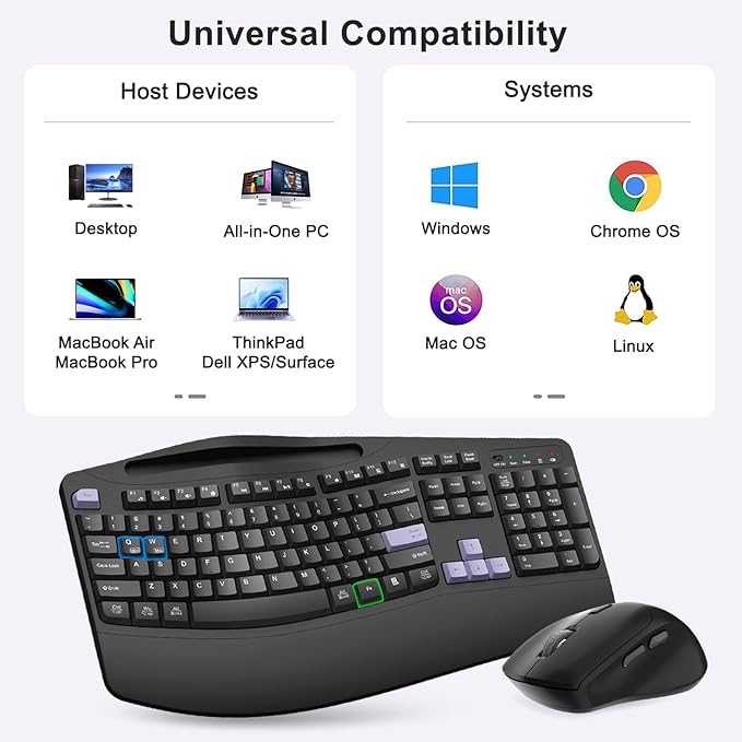 Wireless Keyboard and Mouse Combo, 2.4G Full Size Wave Keys Ergonomic Keyboard with Wrist Rest, Phone Holder, 3-Level DPI Wireless Silent Mouse with 6-Buttons, for Windows, Mac OS (Purple Black)