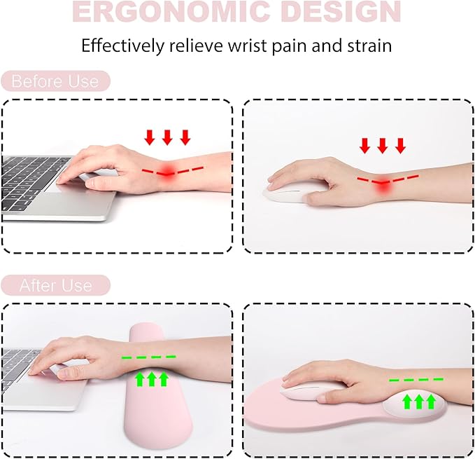 Ergonomic Mouse Pad with Wrist Rest and Keyboard Wrist Rest, Gel Mousepad and Wrist Rest for Computer Keyboard, Non-Slip PU Base, Pink Mouse Pad with Wrist Support for Gaming, Office