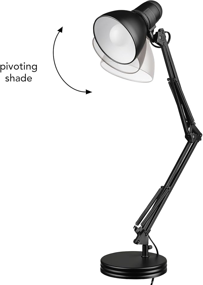 Globe Electric 5698601 28" Heavy Base Top Moving Spring Balanced Swing Arm Desk Lamp, Black, On/Off Rotary Switch on Shade, Office Decor, Reading Light, Home Essentials, Room Lighting