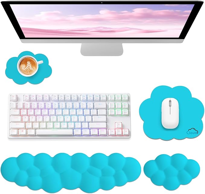 Cloud Wrist Rest for Computer Keyboard, 4-in-1 Memory Foam Leather Cloud Keyboard Wrist Rest and Mouse Pad Set with Ergonomic Support for Arm and Palm Cushion, Gaming/Work Setup, Scuba Blue