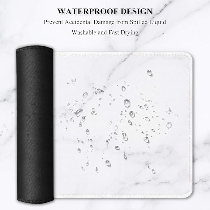 Auhoahsil Large Gaming Mouse Pad, Marble Theme XXL 35.4 x 15.7 in Desk Pad Stitched Non-Slip Rubber Long Computer Mousepad Thin Extended Full Size Desk Mat for Desktop, Laptop, Wireless Mice, White
