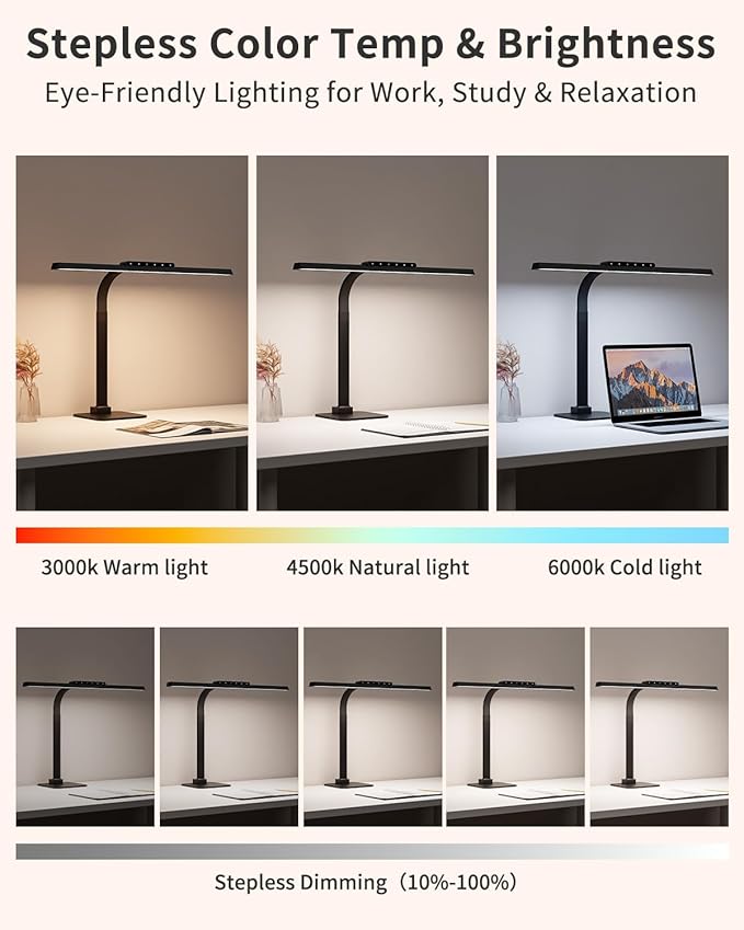 24W LED Desk Lamp, 112 High-Bright LEDs Eye-Caring Office Lamp with 3000K-6000K Dimmable Touch Control, Heavy Duty Metal Base, Auto-Dimming & Memory Function for Home Office/Gaming/Reading Black