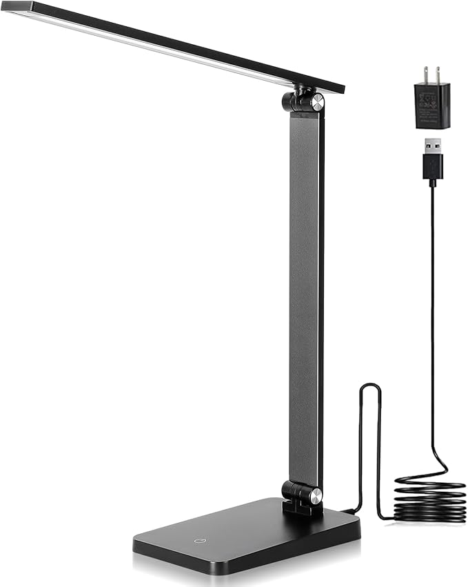 LED Desk Lamp for Home Office, 3 Levels Dimmable Desk Light with USB Charging Port, Small Study Lamp, Reading Light for Table, Black, 5000K