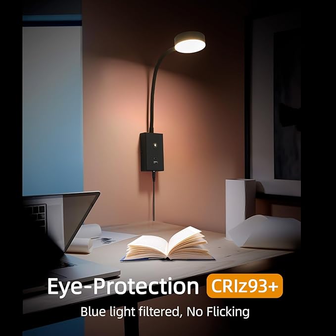 LED Wall Mounted Reading Light for Bed 2Pack, Flexible Gooseneck Book Light for Wall Bedside Lamp with USB-A/C Output,Touch Control 5 Dimmable Headboard Bed Lights