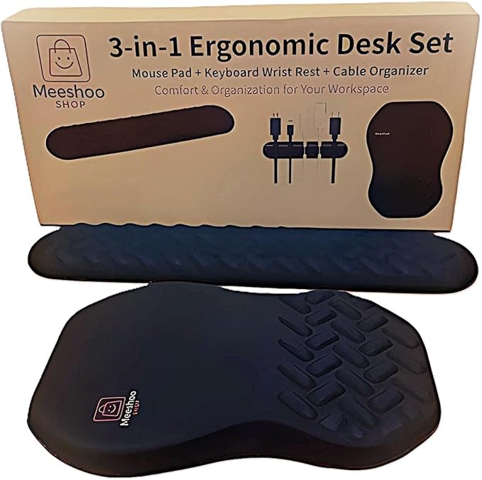 3-in-1 Ergonomic Mouse Pad Set with Keyboard Wrist Rest Support & Cable Organizer – Memory Foam Wrist Support, Non-Slip Base – Ideal for Office & Gaming – Gift Box – Black-Meeshoo