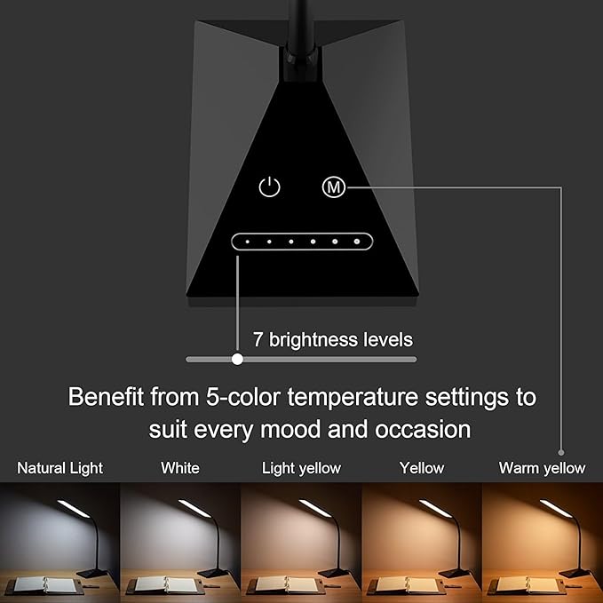 LED Desk Lamp, 5 Color Modes with 7 Levels of Brightness, Eye-Caring Dimmable Table Lamp Office Lamp with USB Charging Port, Touch Control Sensitive Dimmable 12W Black