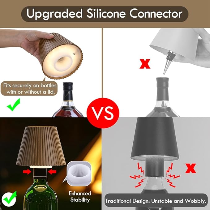 WILIT Wireless Bottle Lamp, 3-Level Brightness Rechargeable Cordless Table Lamp Shades, Night Light, Battery Operated Lamp for Bedroom, Bar Decorations for Home, Gifts for Mom Dad