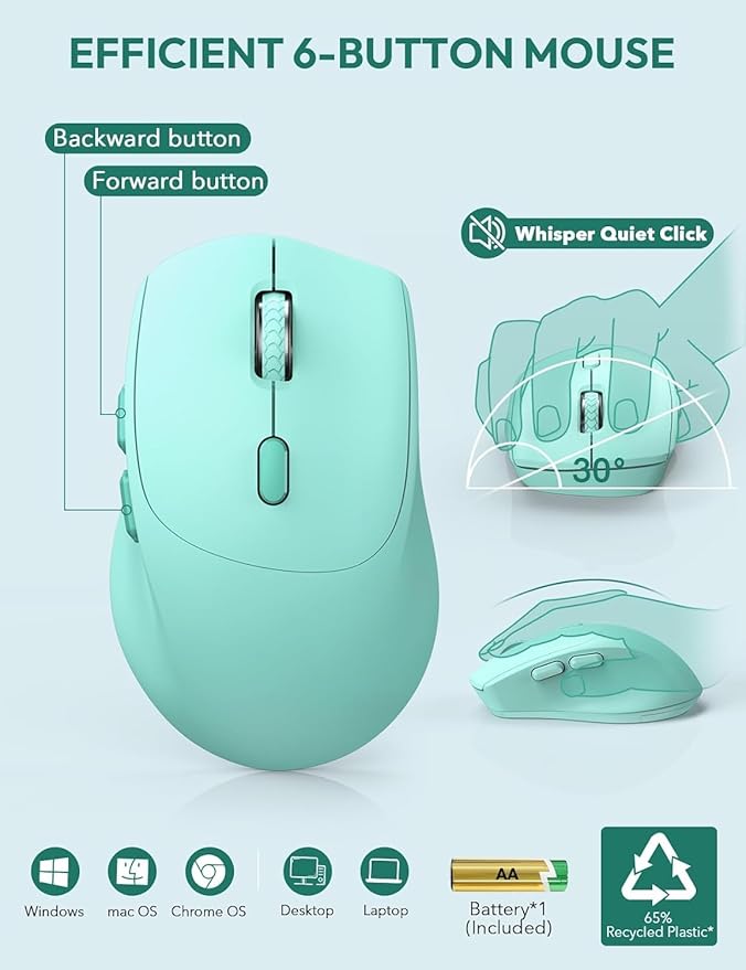 SABLUTE Wireless Keyboard and Mouse, Wrist Rest, Phone Holder, 2.4G Lag-Free Ergonomic Keyboards Mouse Combo, KM23D Silent Keyboards Set for PC, Laptop, Windows, Mint Green