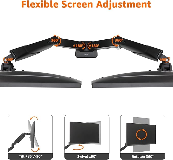 Amazon Basics Gas Spring Dual Computer Monitor Arm Desk Mount, Adjustable, Holds up to 27" Monitors, Black