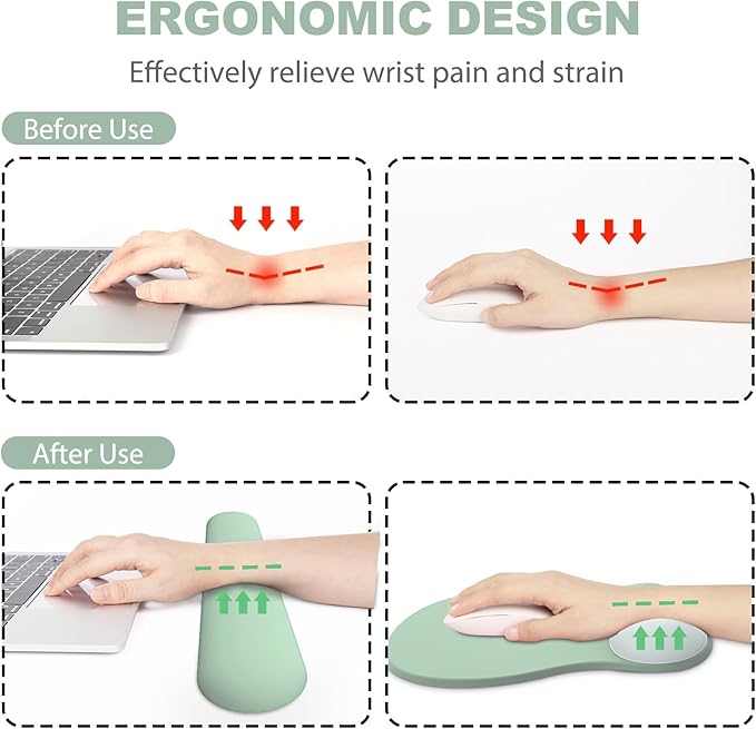 Ergonomic Mouse Pad with Wrist Rest and Keyboard Wrist Rest, Gel Mousepad and Wrist Rest for Computer Keyboard, Ergonomic Wrist Support, Non-Slip PU Base, Mouse Pad with Wrist Support for Gaming, Office, Green