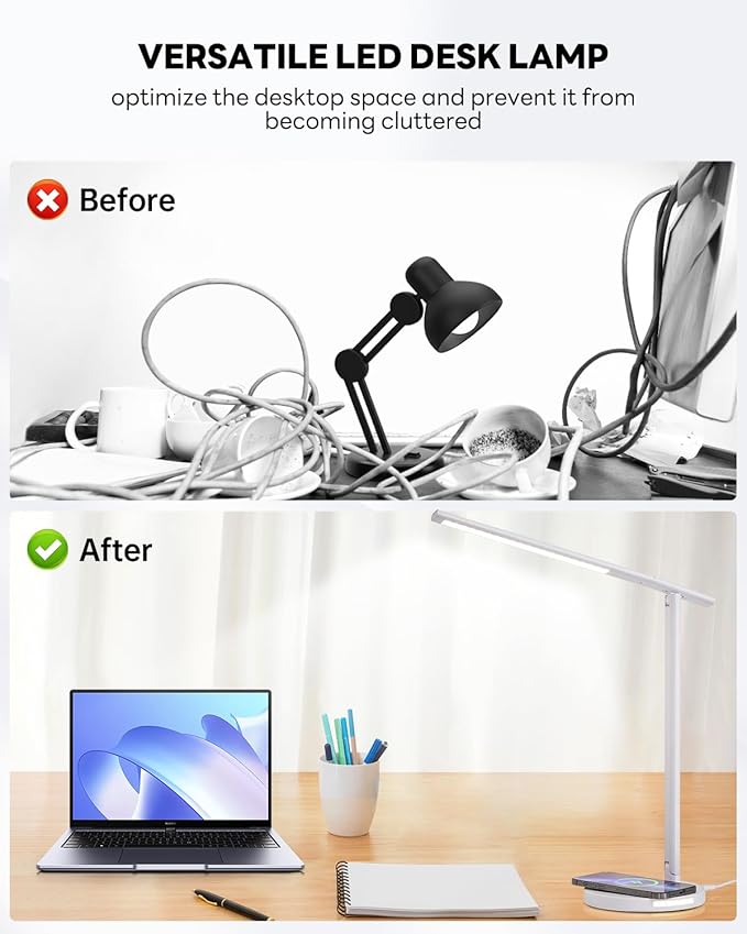 Upgraded LED Desk Lamp with Wireless Charger, Stepless Dimmable Foldable Table Lamp for Home Bedroom Office Sturdy Room, 3 Color Temperatures, Memory Function
