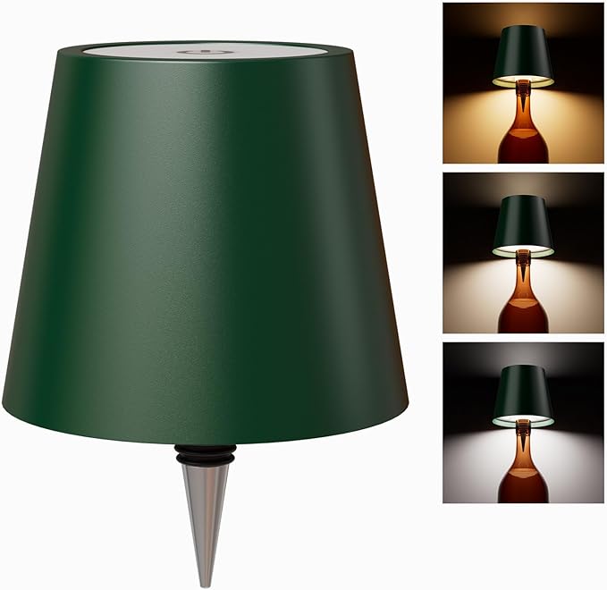 Wireless Bottle Lamp, Wireless Bottle Lamp Shade with 3 Color Temperature, Rechargeable Stepless Dimming LED Wine Bottle Lights for Any Bottle, Desk Lamp for Bedroom Restaurant Bar -Green