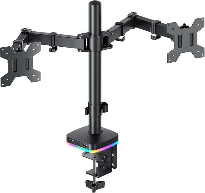 RGB Dual Monitor Desk Mount, Monitor Stand with 3 USB Ports, Charging and USB Data Transfer Function, Adjustable Arms for 13"-27" Monitors up to 17.6lbs, VESA 75x75mm 100x100mm, Ergonomic Design