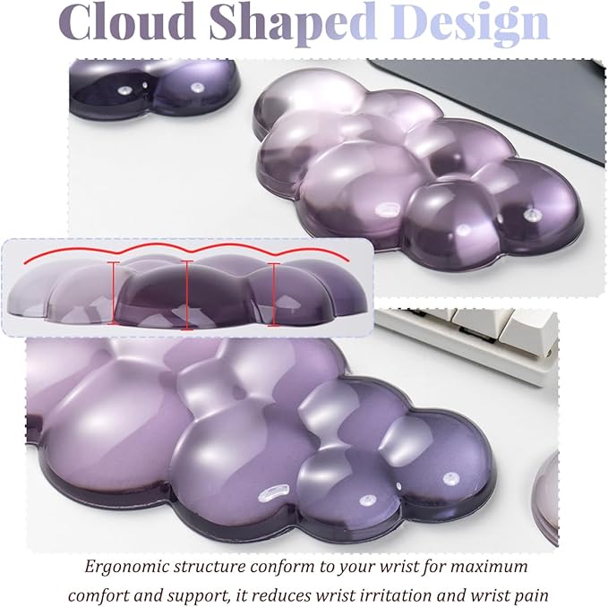 Gel Keyboard Wrist Rest Cloud Set, Clear Ergonomic Wrist Support and Arm Support Keyboard Rest for Typing Pain Relief, with Non-Slip Soft Washable Wrist Rest(Purple Grey)