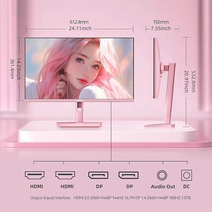 27 Inch Pastel Pink Gaming Monitor QHD 2560x1440 180/200Hz 1ms GTG Fast IPS Computer Monitor, 90% DCI-P3, Adaptive Sync, Built in Speaker, Height/Swivel/Tilt/Pivot Adjustable Stand, HDMI,DP