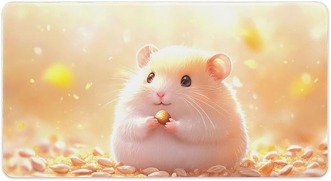 Large Ergonomic Gaming Mouse Pad Happy Hamster with Sunflower Seed - Cute Animal Theme with Non-Slip Base Water-Resistant Surface and Stitched Edges 40X75cm
