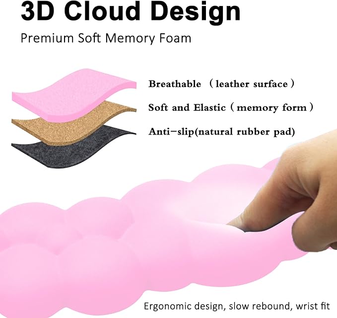 Cloud Keyboard and Mouse Wrist Rest Pad for Computer Arm- Ergonomic Wrist Support Mousepad with Non-Slip PU Base for Office, Gaming, and Home Use Anti-Fatigue(Pink)