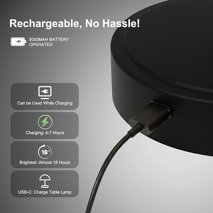 Cute Cordless Rechargeable Table Lamp with Metal Shade, 3 Color Temps LED Dimmable Ambient Lighting, Small Retro Touch Bedside Light for Decor, Metal Base.