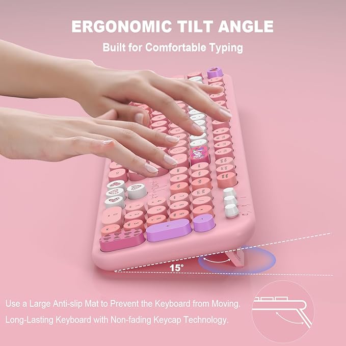 Wireless Keyboard and Mouse Combo, 104 Round Keys Full-Size Cute Colorful Pink Cordless Keyboard and Mouse with Retro Typewriter for PC/Mac/Laptop/Tablet/Computer/Windows Pink