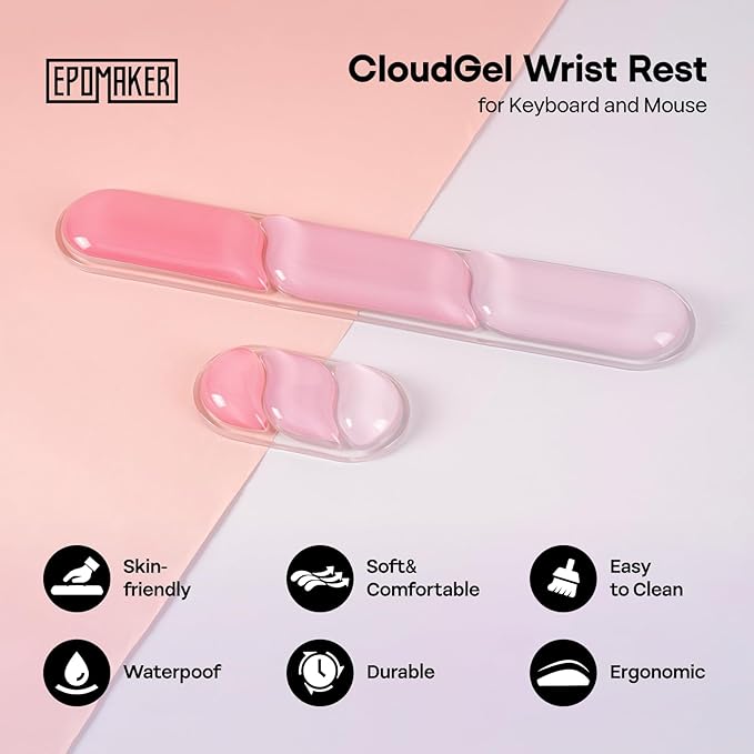 EPOMAKER CloudGel Wrist Rest for Keyboard and Mouse, 2 Pieces Silicone Wrist Support, Anti-Slip Rubber Bottom, Ergonomic Design, Suitable for Office/Computer/Laptop/Gaming (Pink)