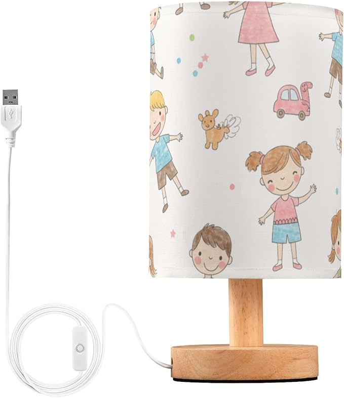 Kid LED Table Lamp, Bedside Lamp with Linen Lampshade, Flicker-Free Eye Care USB Plug in Nightstand Lamp, for Bedroom and Office