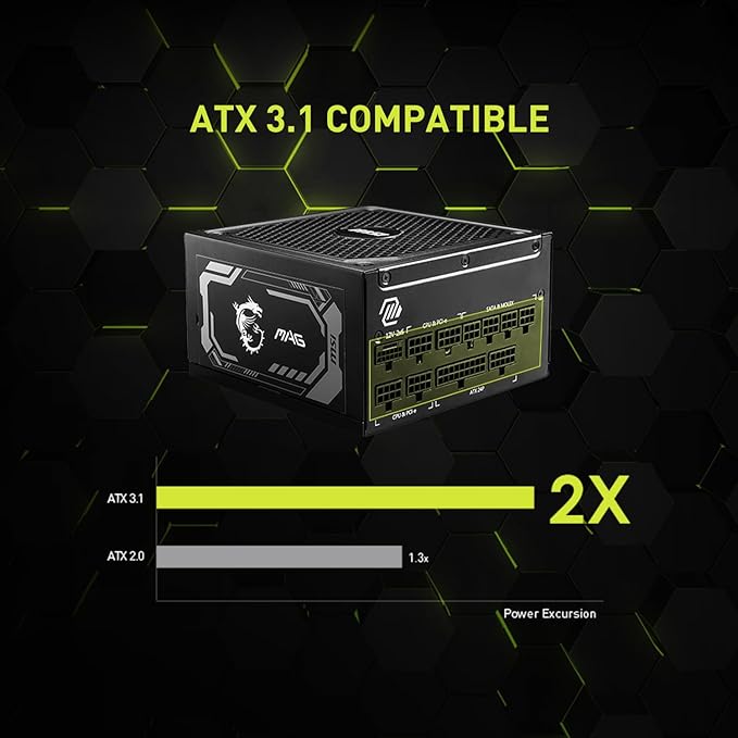 msi MAG A1000GL PCIE5, Fully Modular Compact Gaming 1000W Power Supply, 80+ Gold, ATX 3.1 & PCIe 5.1 Ready, Native Dual-Color 12V-2x6 Cable, 10 Year Warranty