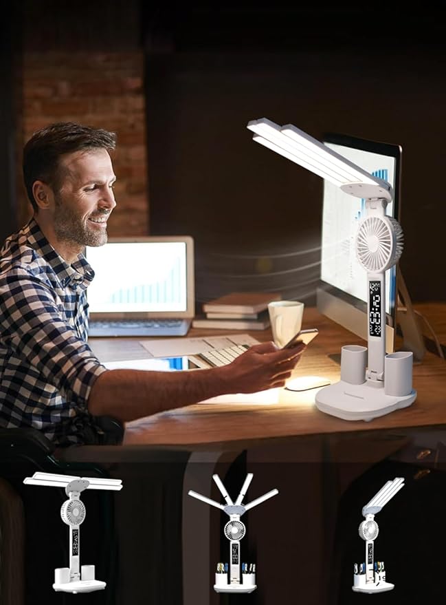 Led Desk Lamp with Fan Study Light with Clock, Adjustable Foldable Table Lamp with Pen Holder, 3 Brightness Levels, USB Charging Port