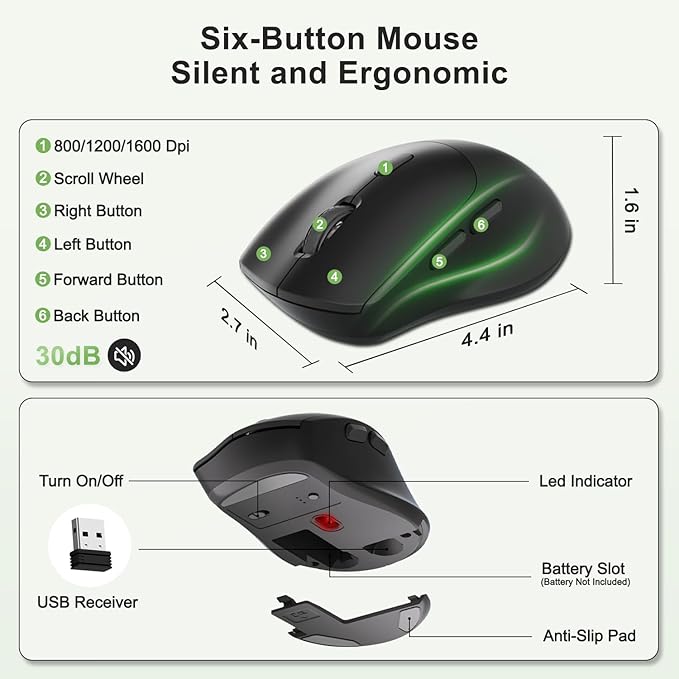 Wireless Keyboard and Mouse Combo, 2.4G Full Size Wave Keys Ergonomic Keyboard with Wrist Rest, Phone Holder, 3-Level DPI Wireless Silent Mouse with 6-Buttons, for Windows (Avocado Green and Black)