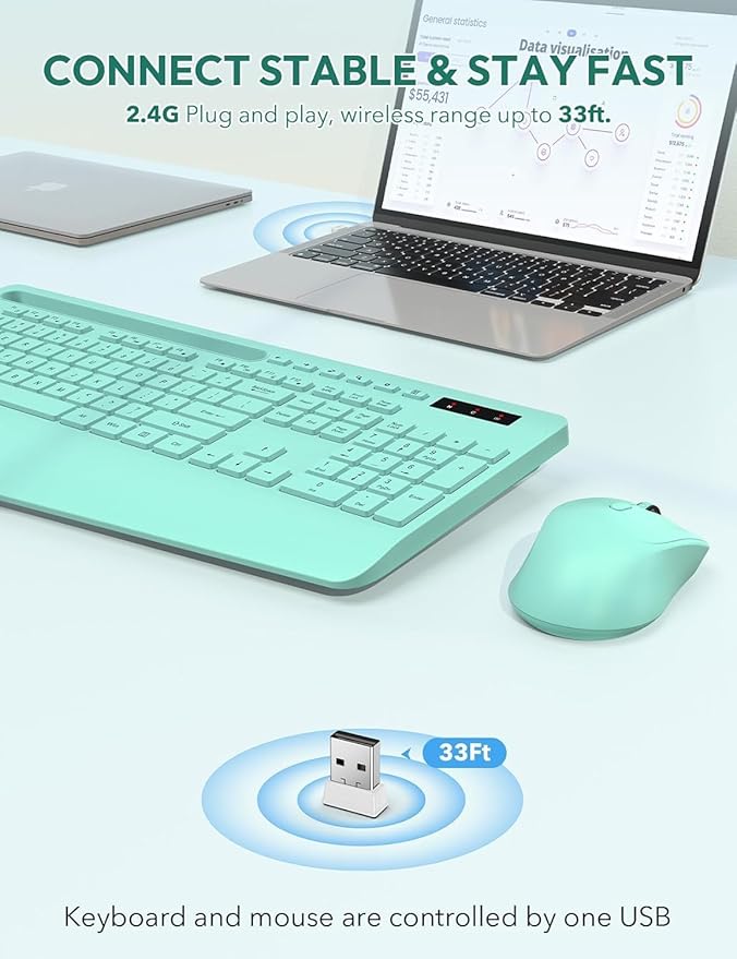 SABLUTE Wireless Keyboard and Mouse, Wrist Rest, Phone Holder, 2.4G Lag-Free Ergonomic Keyboards Mouse Combo, KM23D Silent Keyboards Set for PC, Laptop, Windows, Mint Green