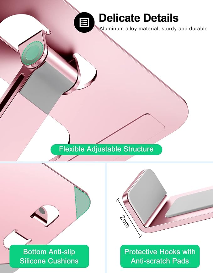 Foldable Laptop Stand, Height Adjustable Ergonomic Computer Stand for Desk, Aluminum Portable Laptop Riser Holder Notebook Mount Compatible with MacBook Pro Air, HP, Dell 10-16"(Rose Gold)