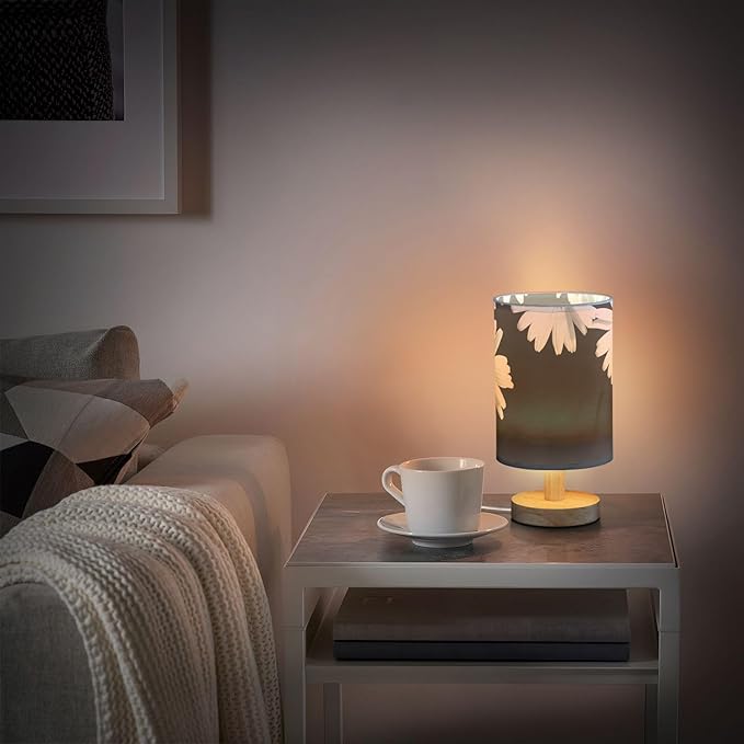 Black Daisy LED Table Lamp, Bedside Lamp with Linen Lampshade, Flicker-Free Eye Care USB Plug in Nightstand Lamp, for Bedroom and Office