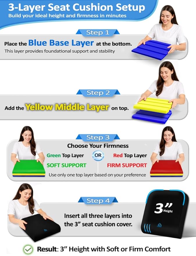 Adjustable Memory Foam Seat Cushion, Custom Height & Firmness, Ergonomic Office Chair Cushion for Back, Coccyx, Sciatica & Tailbone Pain Relief – Ideal for Office Chair, Car Seat, Wheelchair, Recliner