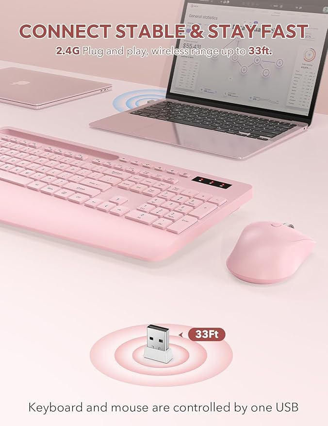 Wireless Keyboard and Mouse, Wrist Rest, Phone Holder, 2.4G Lag-Free Ergonomic Keyboards Mouse Combo, KM23D Silent Keyboards Set for Computer, Laptop, PC, Windows, Pink -SABLUTE