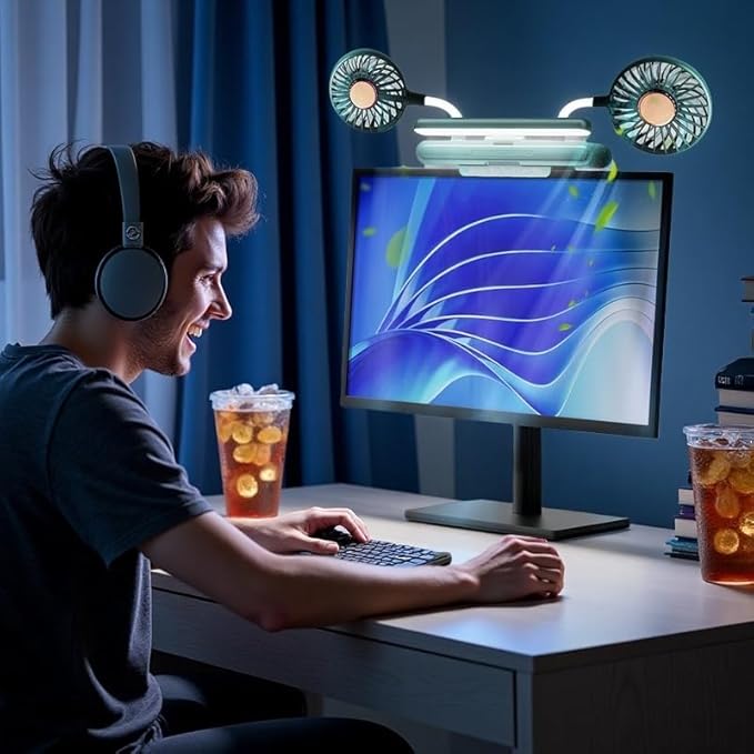 Energy-saving small fan with amp Light Bar Two-Head Personal Cooling Quiet USB Fan Flip-Open light, Level 3 brightness 3 Wind Speed for Working/Self Broadcasting (Forest Green)