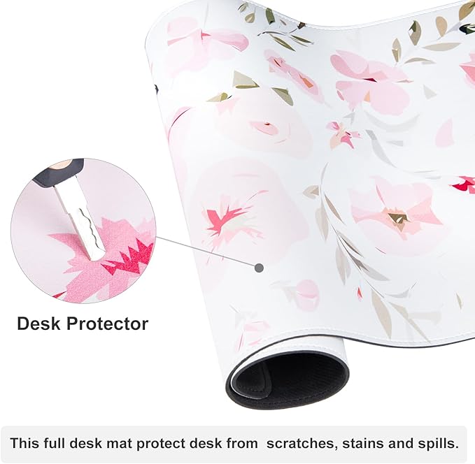 Colorful Star Floral Mouse Pad, Watercolor Pink Flowers Large Desk Mat, Computer Keyboard and Mouse Mat, Cute Office Decor Women Girls Desk Accessories Work Home Office Suppliers, 31.5"x15.7"