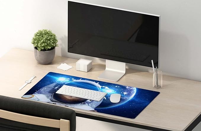 SSOIU Large Mouse Pad, Full Desk XXL Extended Gaming Mouse Pad 35.5" X 15.7", Waterproof Desk Mat Stitched Edges, Non-Slip Laptop Computer Keyboard Mousepad for Office and Home - Galaxy Astronaut Cat