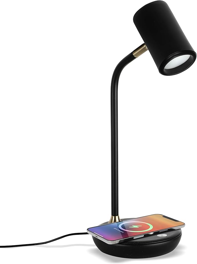 Brightech Ezra Office Desk Lamp – Wireless Charging Pad and Temperature Changing Light Options – Living Room Table Lamp for Mid-Century, Art Deco, Contemporary Décor - Black