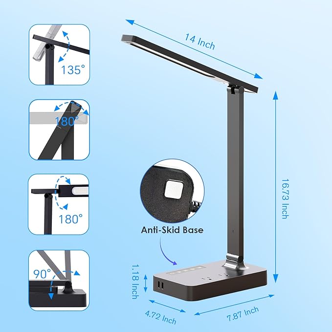 LED Desk Lamp with Power Strip: Table Lamp with Charging Station - 2 Outlets 1 USB-A Ports 1 Type-C Ports, Surge Protection, 5 Color Modes 5 Brightness for Home Office, College Dorm Room Essentials