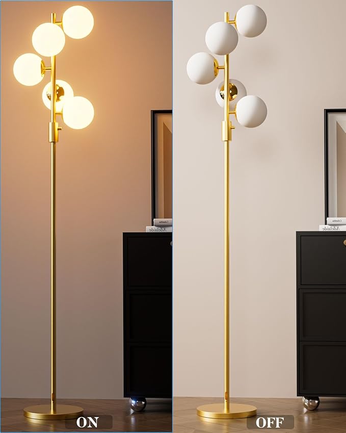 Dimmable Gold Globe Floor Lamp, 64IN Tall Standing Lamps with 5 Globe Soft Warm White Eye Care 3000K G9 Bulbs, Mid Century Modern Floor Lamp for Living Room Bedroom Sofa Beside Home Decor