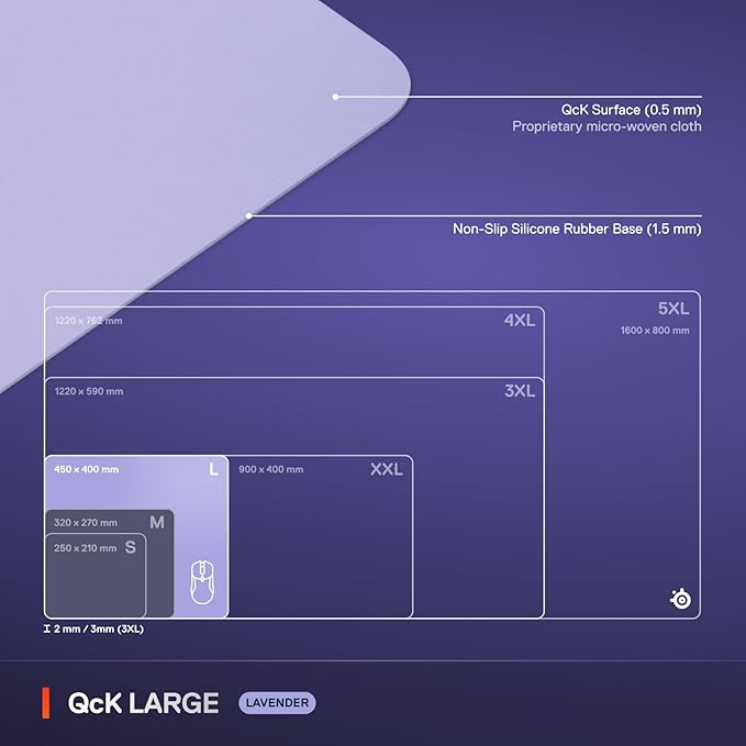 SteelSeries QcK Cloth Gaming Mouse Pad - Exclusive Micro-Woven Surface - Optimized for Gaming Sensors - Maximum Control - Size L - Lavender