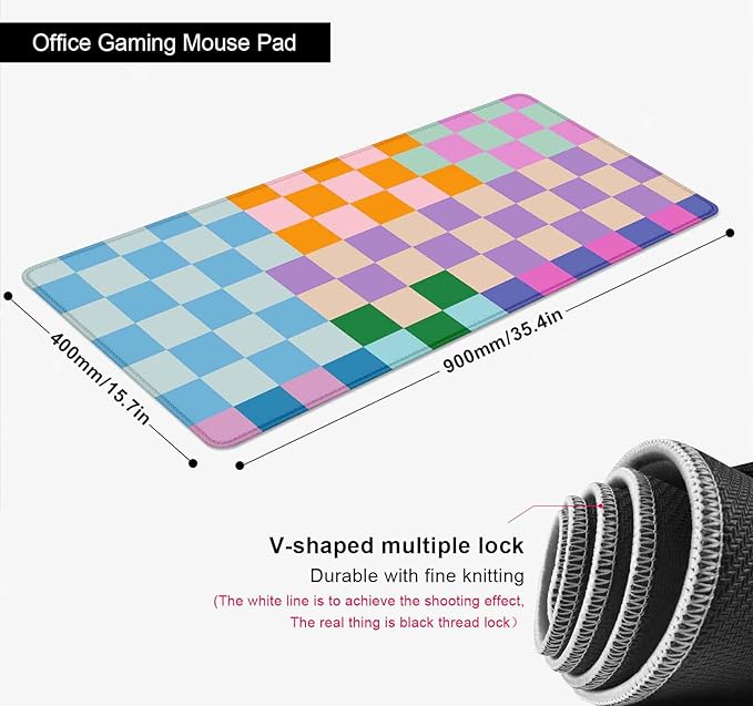 Colorful Checkered Desk Mat, Retro Purple Pink Blue Green XXL Large Mouse Pad, Aesthetic Big Computer Mouse Mat for Office, Rubber Base Mousepad Desk Pad with Stitched Edges, 35.4 x 15.7 in