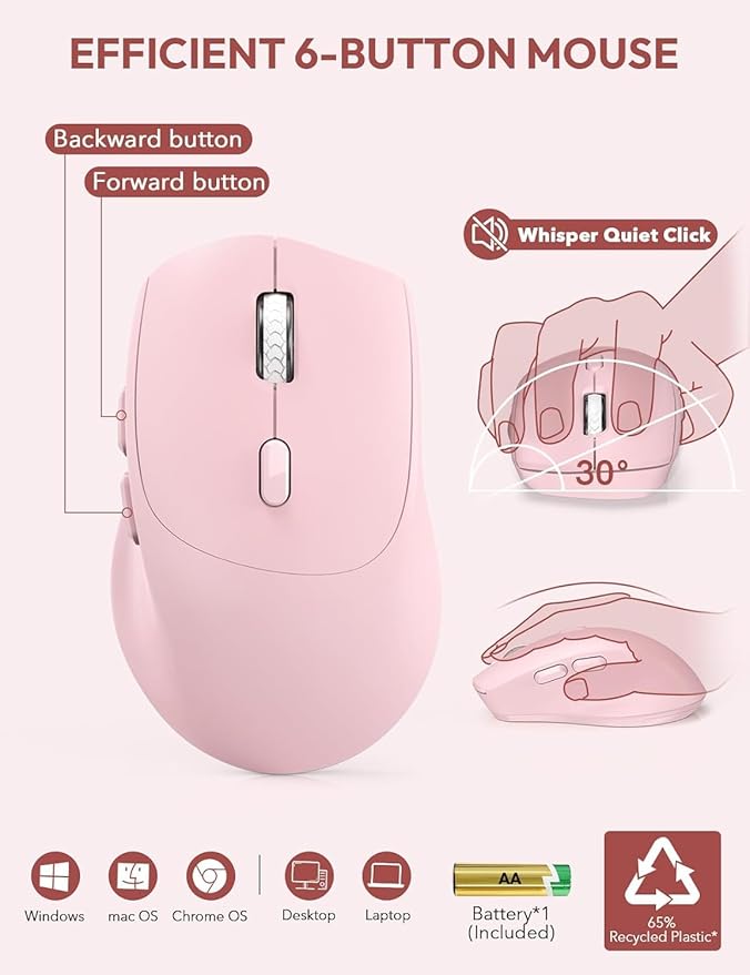 Wireless Keyboard and Mouse, Wrist Rest, Phone Holder, 2.4G Lag-Free Ergonomic Keyboards Mouse Combo, KM23D Silent Keyboards Set for Computer, Laptop, PC, Windows, Pink -SABLUTE