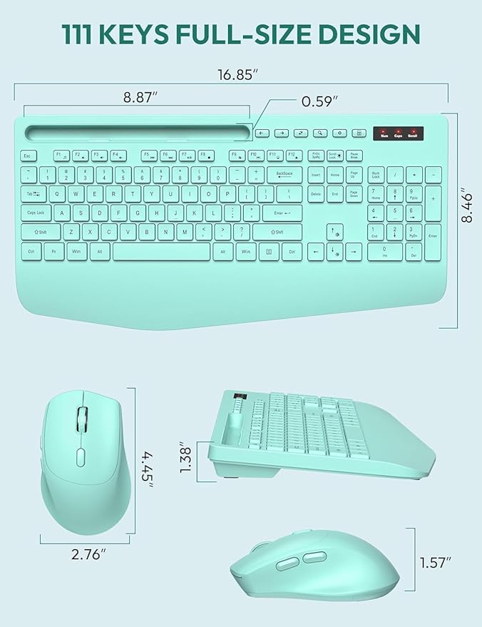 SABLUTE Wireless Keyboard and Mouse, Wrist Rest, Phone Holder, 2.4G Lag-Free Ergonomic Keyboards Mouse Combo, KM23D Silent Keyboards Set for PC, Laptop, Windows, Mint Green