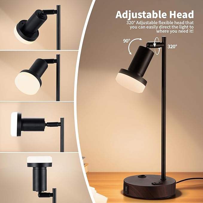 Industrial Table Lamp with Remote Control for Stepless Dimmer & Temperatures, Bedside Lamp with USB C+A Ports and AC Outlet, Flexible Head-Desk Lamp for Bedroom, Living Room, Office (Walnut)