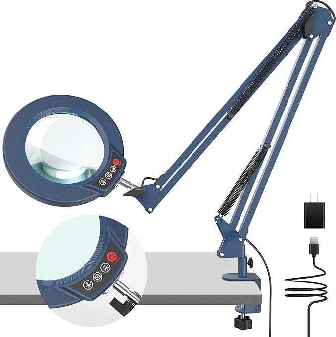 10X Magnifying Glass with Light and Clamp, Real Glass Stand Lighted Magnifier, 5 Color Modes Stepless Dimmable LED Desk Lamp Hands Free for Crafts Hobby Reading Painting Sewing Close Work Large Blue