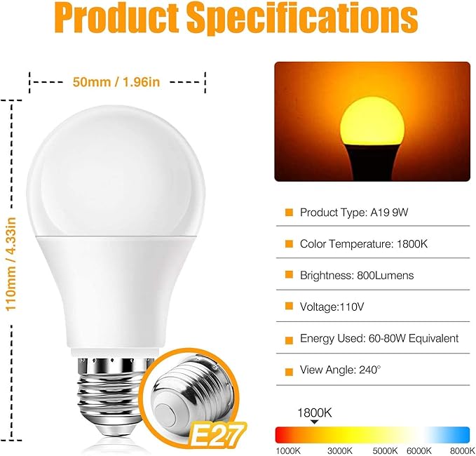Neporal Amber Sleep Light Bulbs 1800K 3PK, 9W 60 Watt Equivalent, 99.96% Blue Blocking Soft Warm Light Bulbs A19, Amber Night Light E26 for Bedroom and Baby Nursery Light