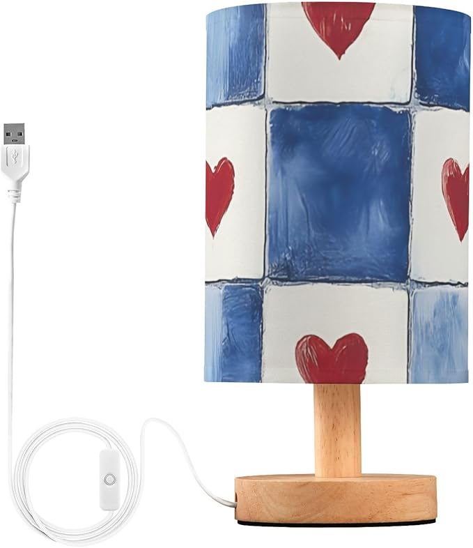 Blue Heart LED Table Lamp, Bedside Lamp with Linen Lampshade, Flicker-Free Eye Care USB Plug in Nightstand Lamp, for Bedroom and Office