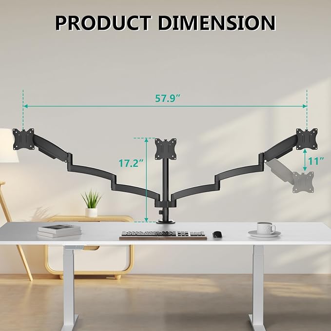 WALI Triple Monitor Mount, 3 Monitor Desk Mount with Premium Gas Spring Arm for Screens 17-32 Inch, Multiple Monitors Stand with Tilt, Swivel, Rotation, Mounting Holes 75/100 mm, Black